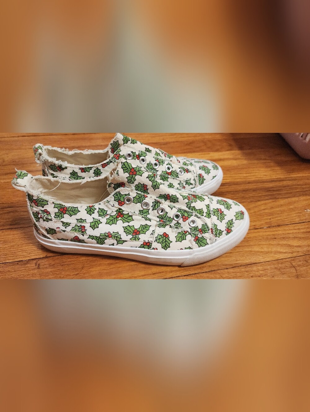 Women’s White Canvas Slip-On Sneakers with Green Holly Print